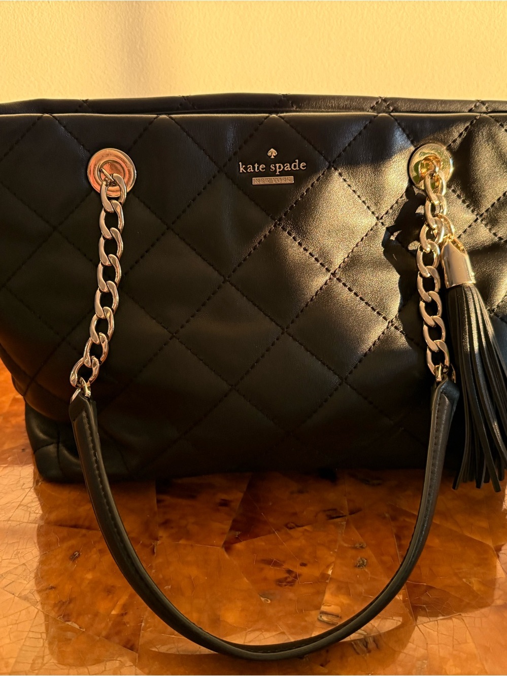 kate spade Black Quilted Leather Shoulder Bag with Tassel